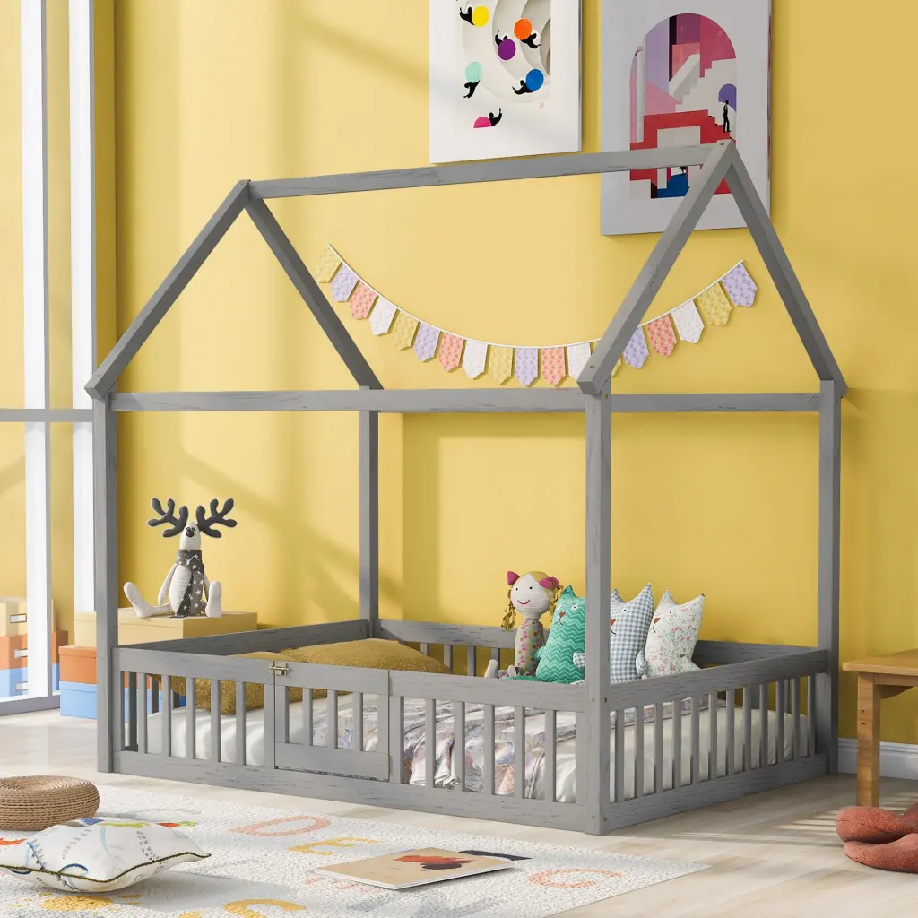 Full Dimensions Timber House Bed Fence And Door Gray Wash Gray Pine Kids Bed wm store