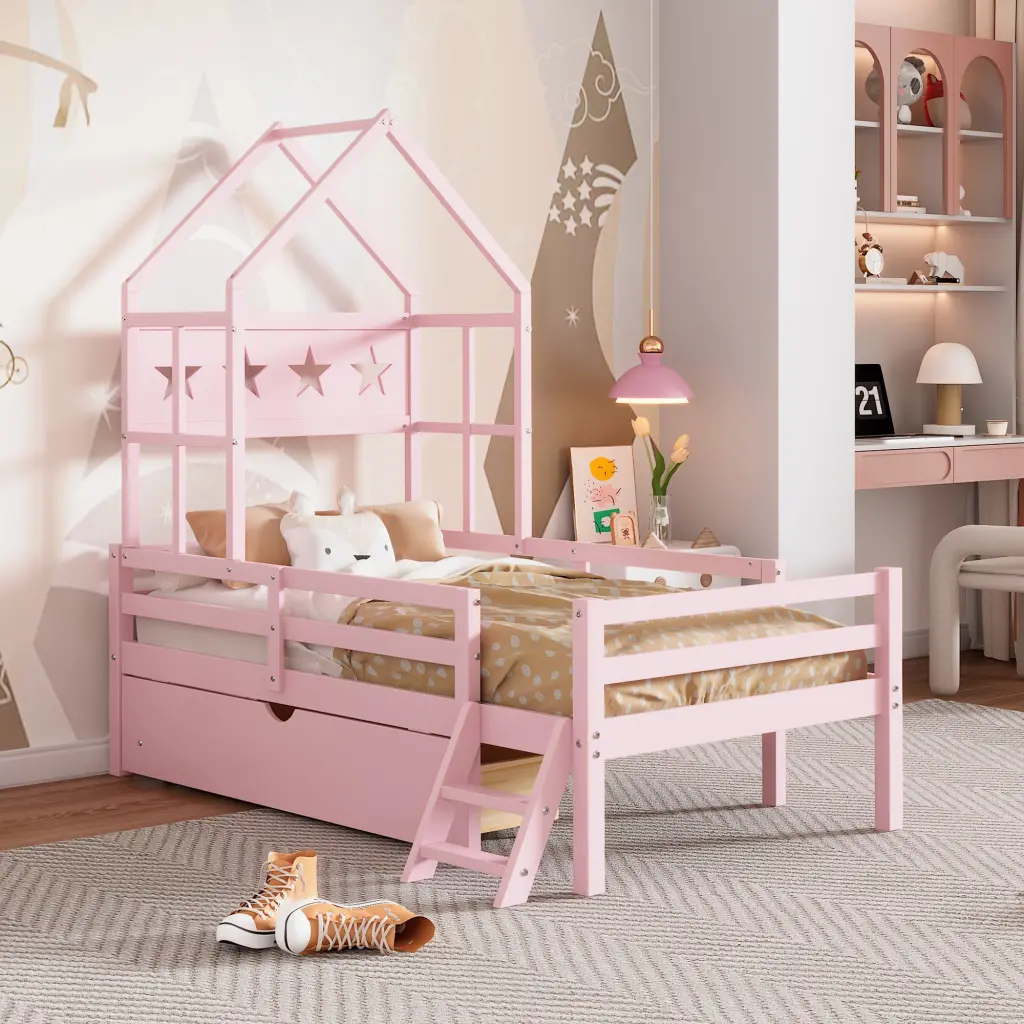 Timber Twin Dimensions House Platform Bed Guardrail and Drawer - Pink Box Design wm store