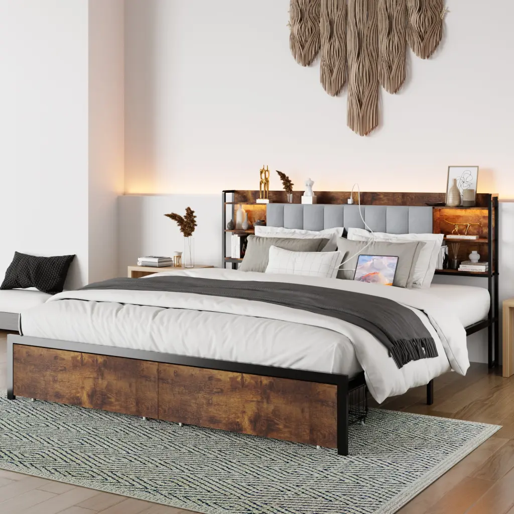 King Dimensions Bed Frame 2 Storage Drawers And LED Lights Headboard jhomier furniture