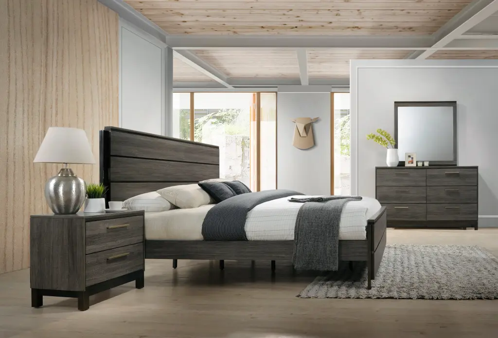 Ioana Antique Grey Finish Timber King Size Bed Room Set Dresser hz