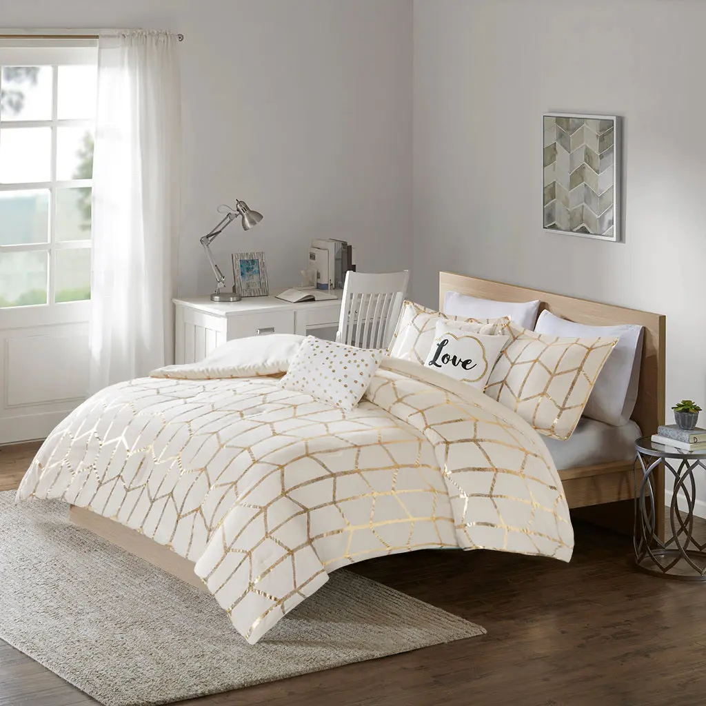 Metallic Printed Comforter Set King Size Ivory Luxury Bedding Set Polyester jla