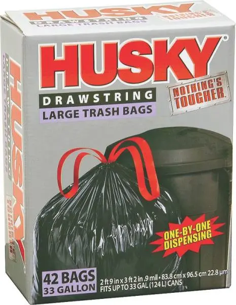 Husky HK33DS042B Drawstring Kitchen Trash Bag 33 Gallon Heavy Duty