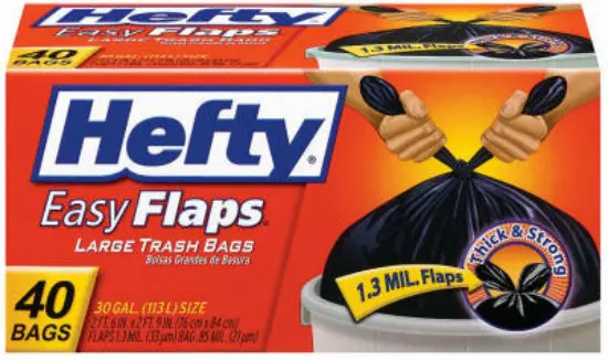 Hefty E2-7744 Easy Flaps Large 30-Gallon Black Trash Bags 0.3 Mil 40-Count