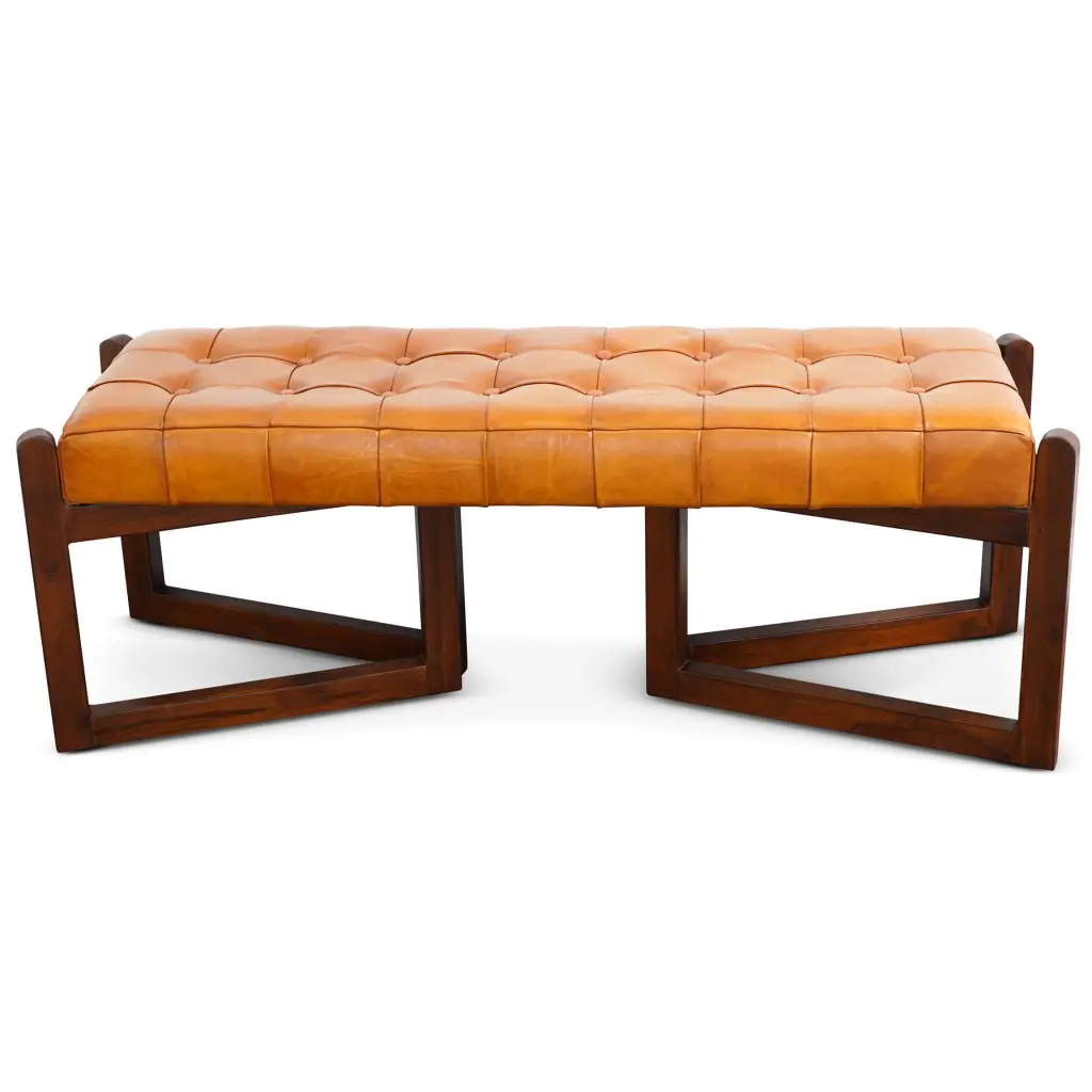 Riley Tan Hide Bench Brown Light Tan Rustic Authentic Leather Living Room ashcroft furniture