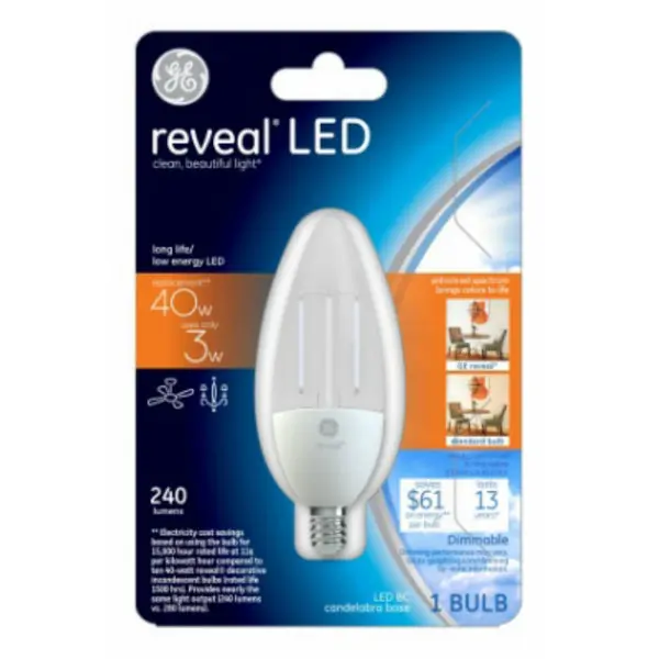 GE 37285 Reveal Dimmable Candelabra Base BC Shape LED Light Bulb 240 lm 3W GE Lighting
