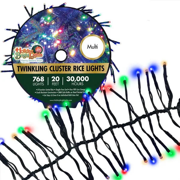 Holiday Bright LED-3MCR768-GMU Twinkling Cluster Rice 768 Multi Color Light Set 20 Feet Holiday Bright Lights