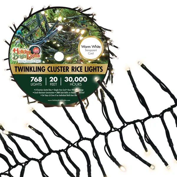 Holiday Bright LED-3MCR768-GWW Twinkling Cluster Rice 768 Warm White Light Set 20 Feet Holiday Bright Lights