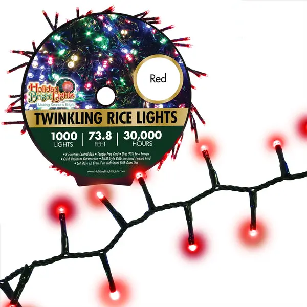 Holiday Bright LED-3MR1000-GRD Twinkling Straight Rice 1000 Red Light Set 74 Feet Christmas Lights Holiday Bright Lights