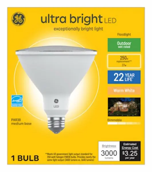 GE 93130531 LED Outdoor Floodlight Bulb 27 Watts Bright White Security Light Exterior Use