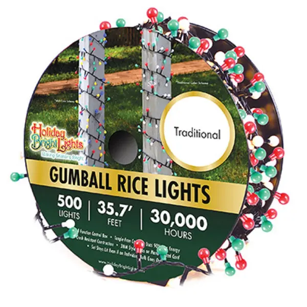 Holiday Bright Lights LED-GMBR500-GTR Gumball Rice Light Set 500 Lights Green Red Christmas Decor