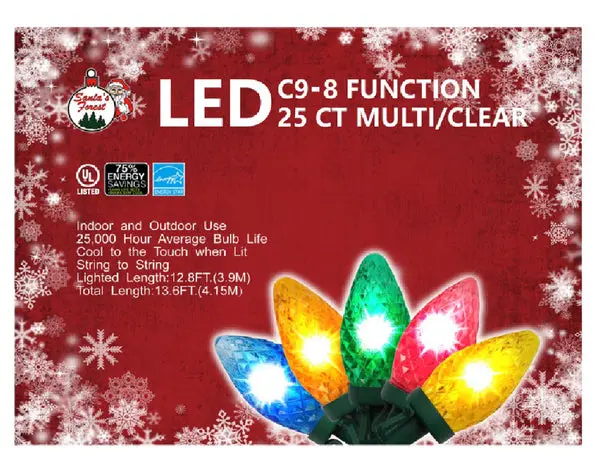 Santas Forest 22557 C9 8 Function LED Christmas Light Multi Clear 25 Count