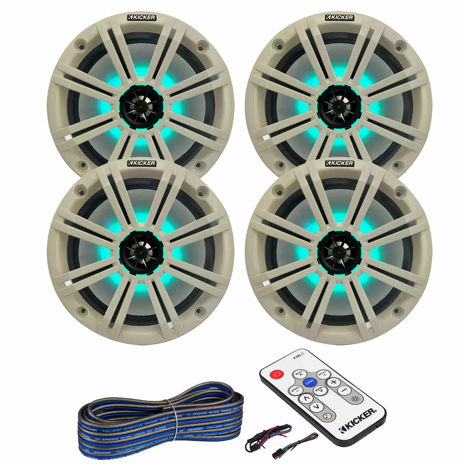 Kicker 8 2-Way 300W Max Power Coaxial Marine Audio LED Speakers Remote and 50-Ft Wire - 2 Pair