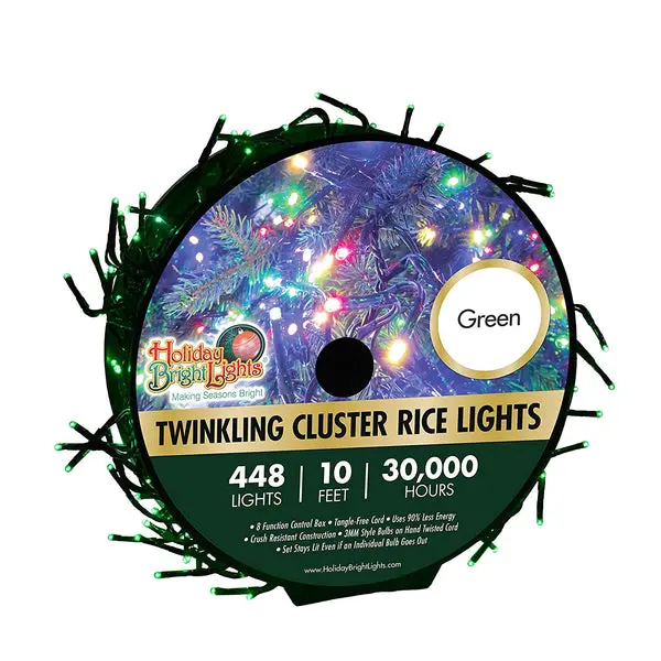 Holiday Bright LED Twinkling Cluster Rice 448 Green Light Set 10 Feet Holiday Bright Lights