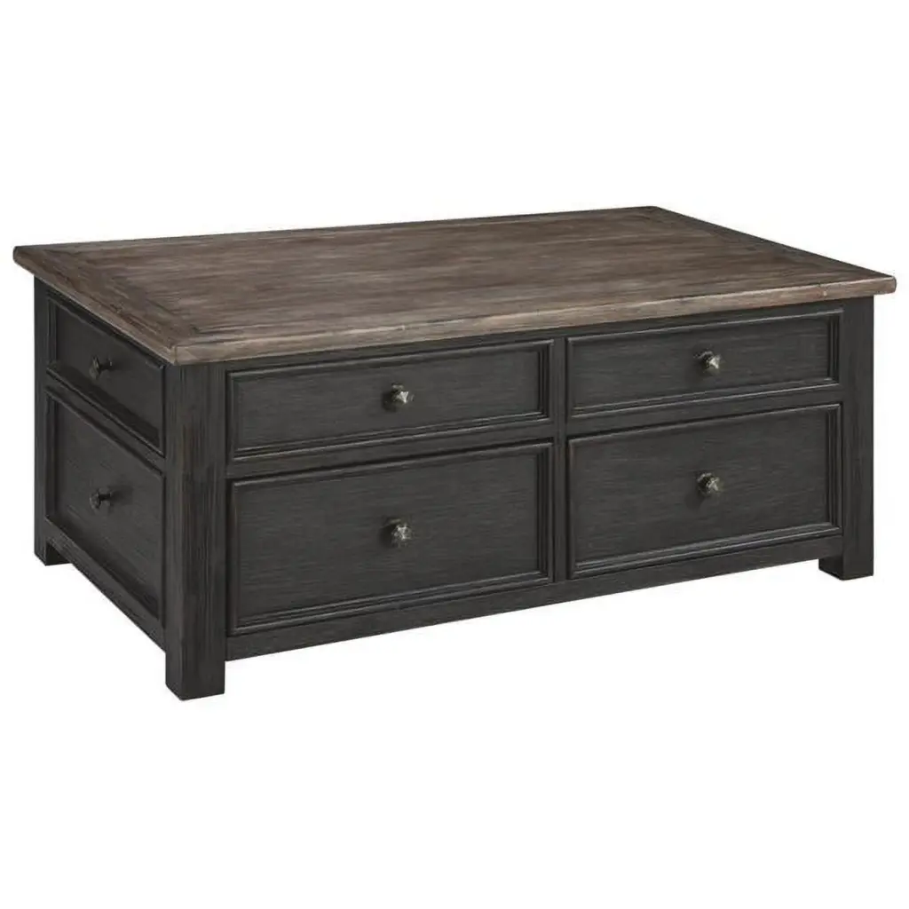 Wooden Lift Top Coffee Table Drawers and Casters, Black and Brown Finish, Multi-Functional Design DeluxDesigns