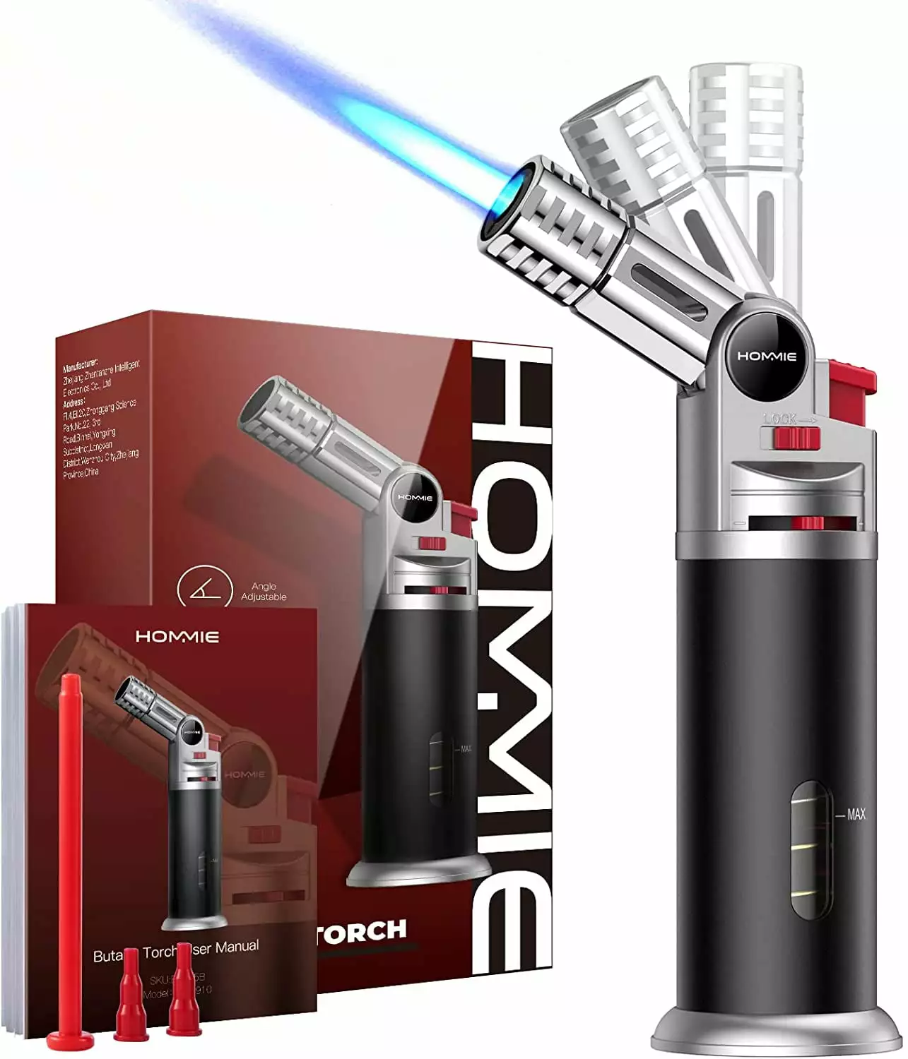 Hommie Butane Torch Lighter Adjustable Flame Safety Lock Kitchen and Outdoor Use Black