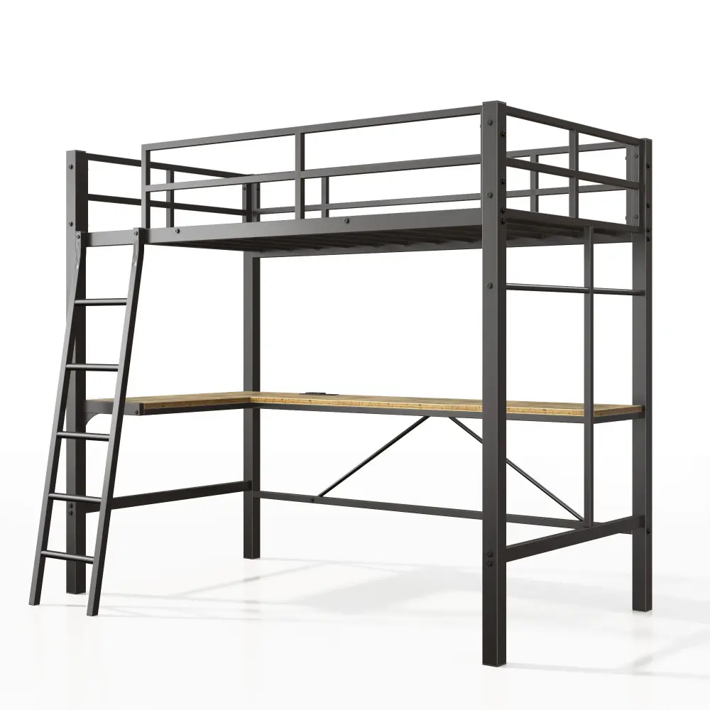Twin Metal Loft Bed L - Shaped Desk, Charging Station Loft Bed Frame Twin Size, Safety Guard & Ladder, No Box Spring Neede...