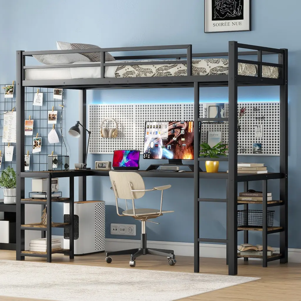 Twin XL Metallic Loft Bed Desk And Shelves Includes Ladder Kids Teens Adults bonwell