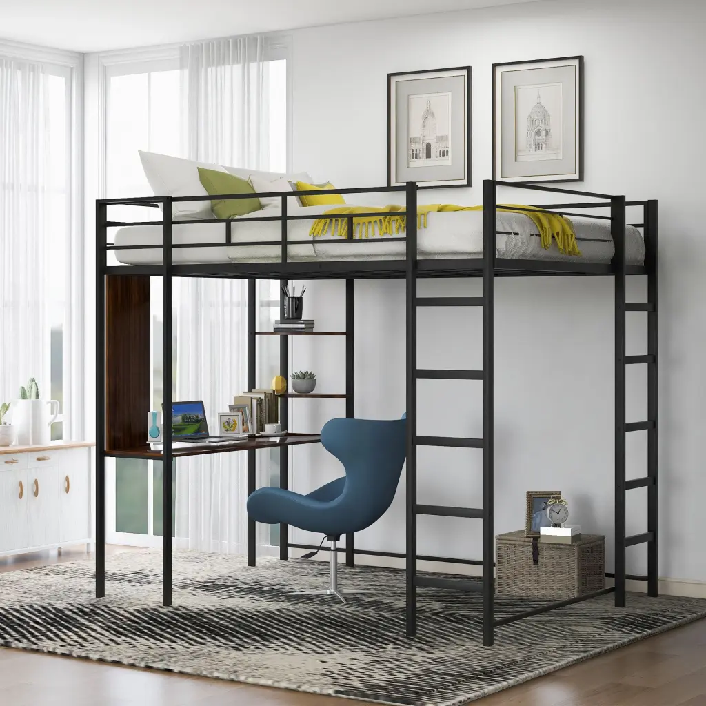 Full Dimensions Metallic Loft Bed 2 Shelves And One Desk Black lucky furniture