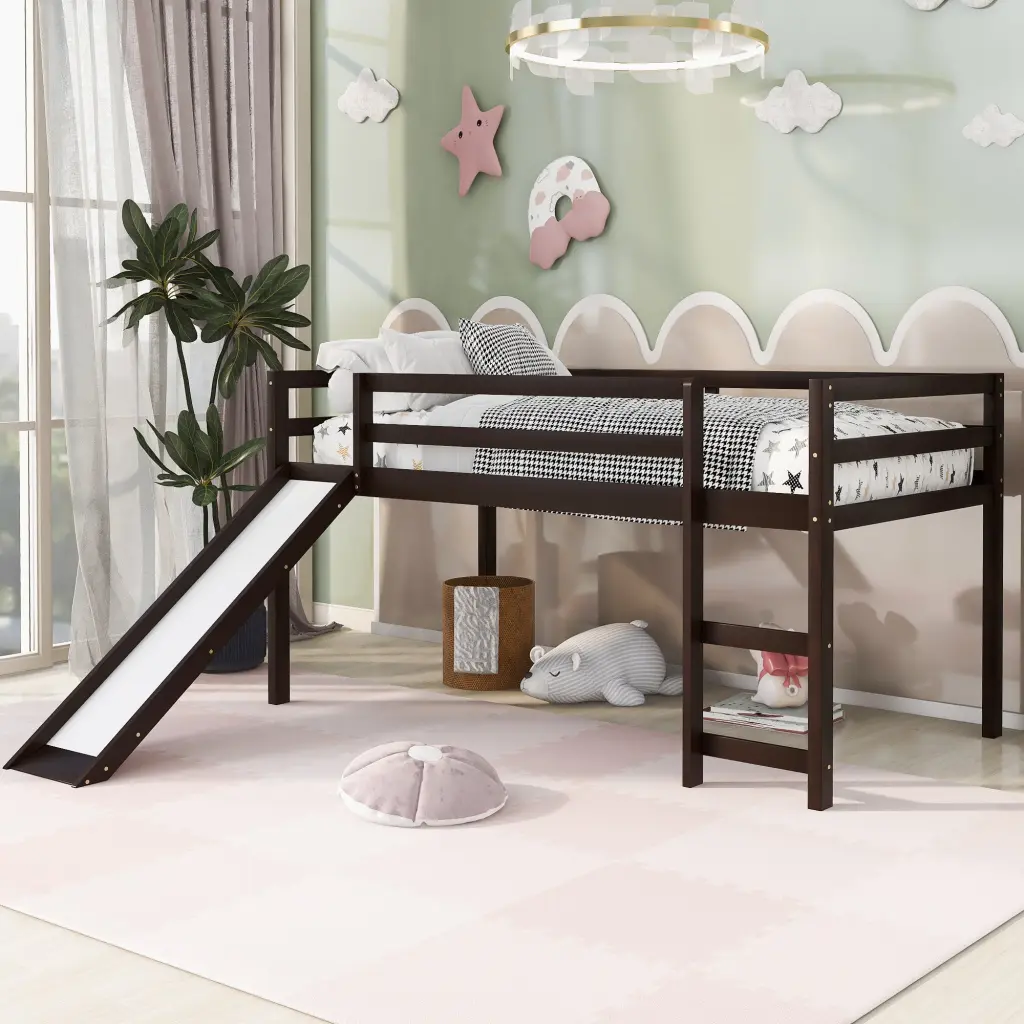 Loft Bed Slide Multifunctional Design Twin Espresso lucky furniture