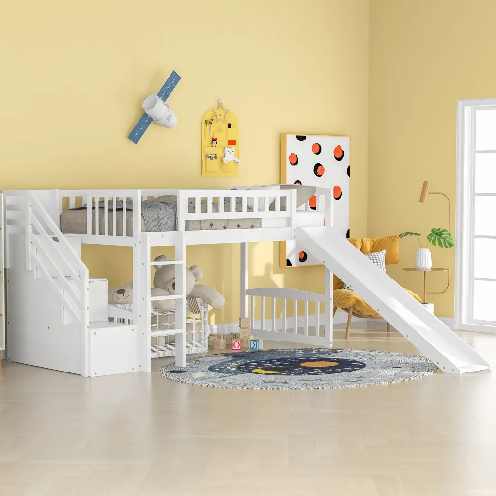 Stairway Twin Loft Bed Two Drawers And Slide White Kids Room lucky furniture