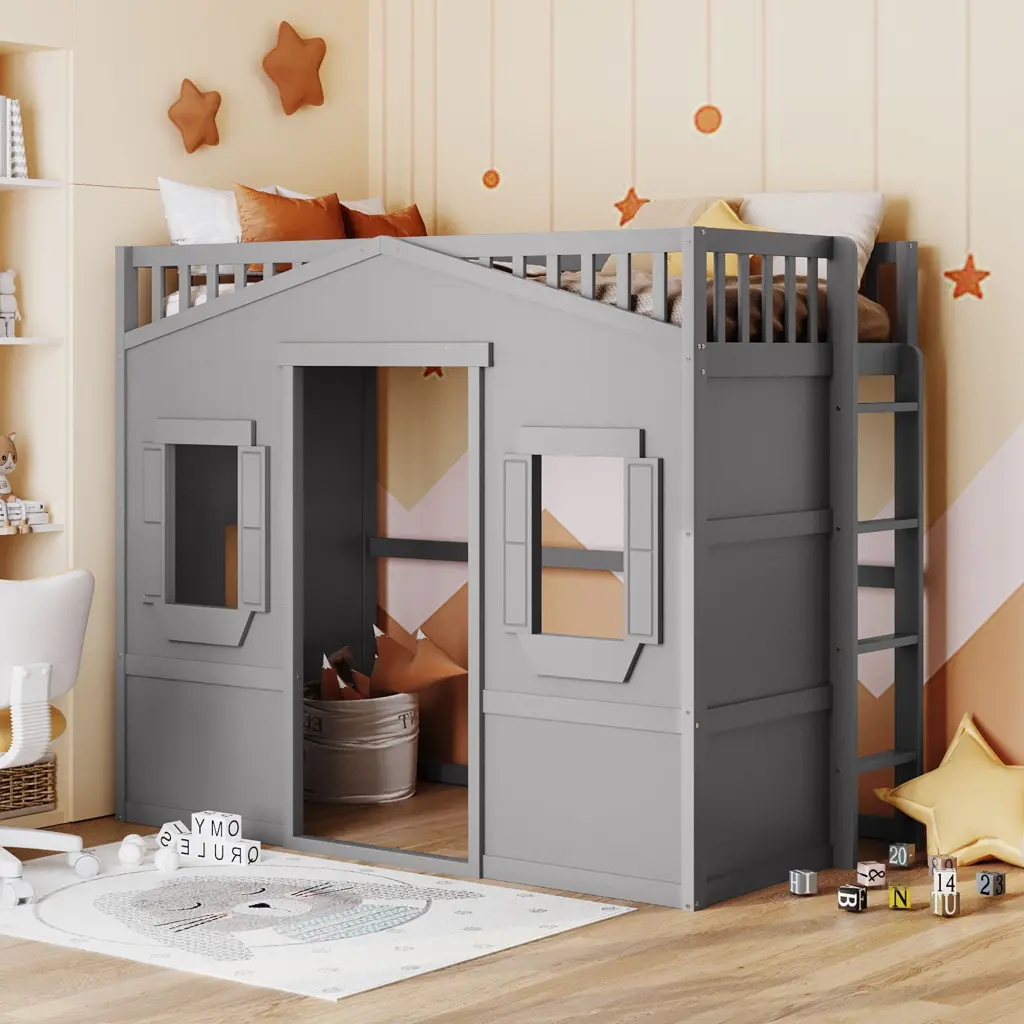 Twin Dimensions House Loft Bed Ladder Gray Solid Timber Kids lucky furniture