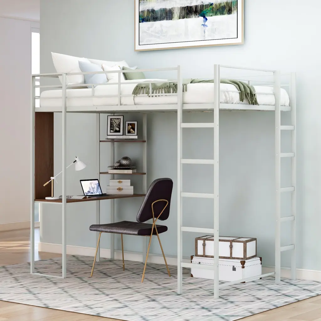 Twin Metallic Loft Bed 2 Shelves and One Desk Shiny Metal Space Saving Bed lucky furniture