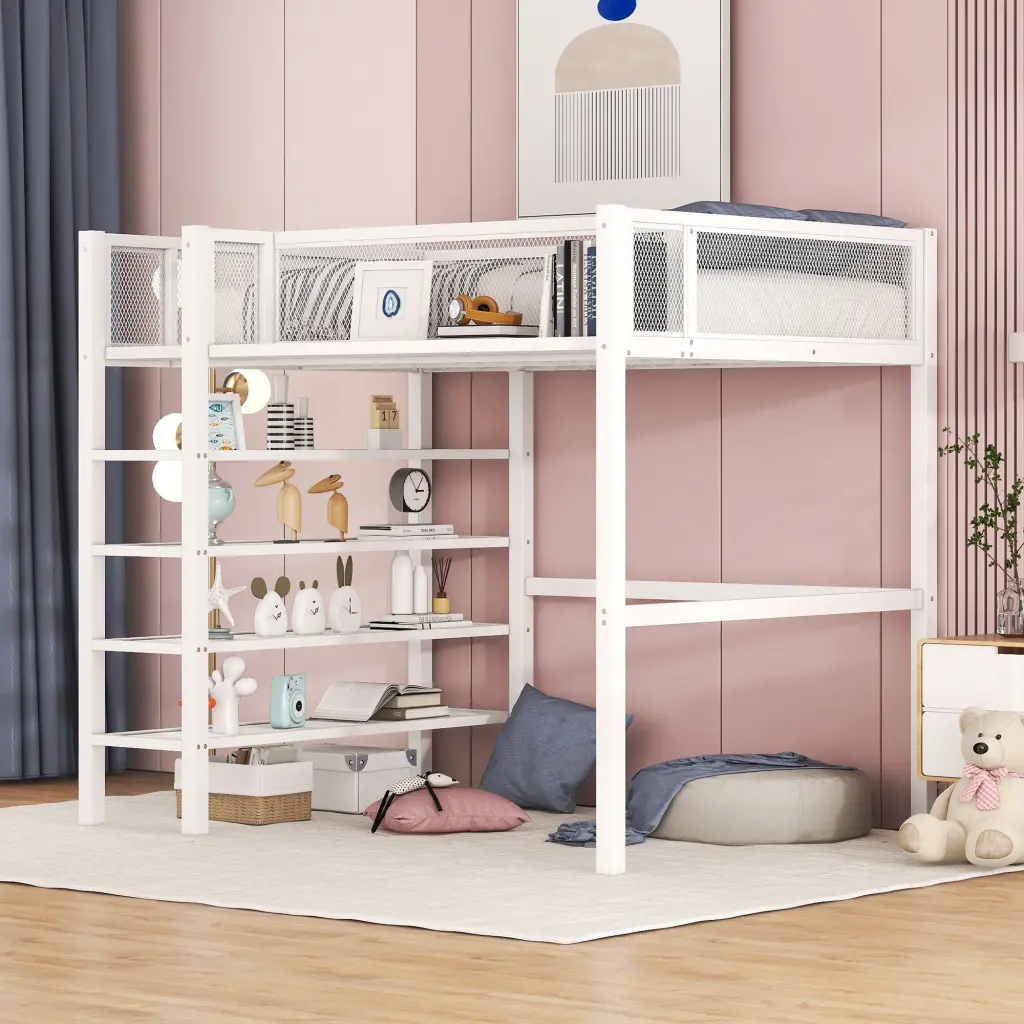 Twin Dimensions Metallic Loft Bed 4 Tier Shelves And Storage White Kids Bed lucky world