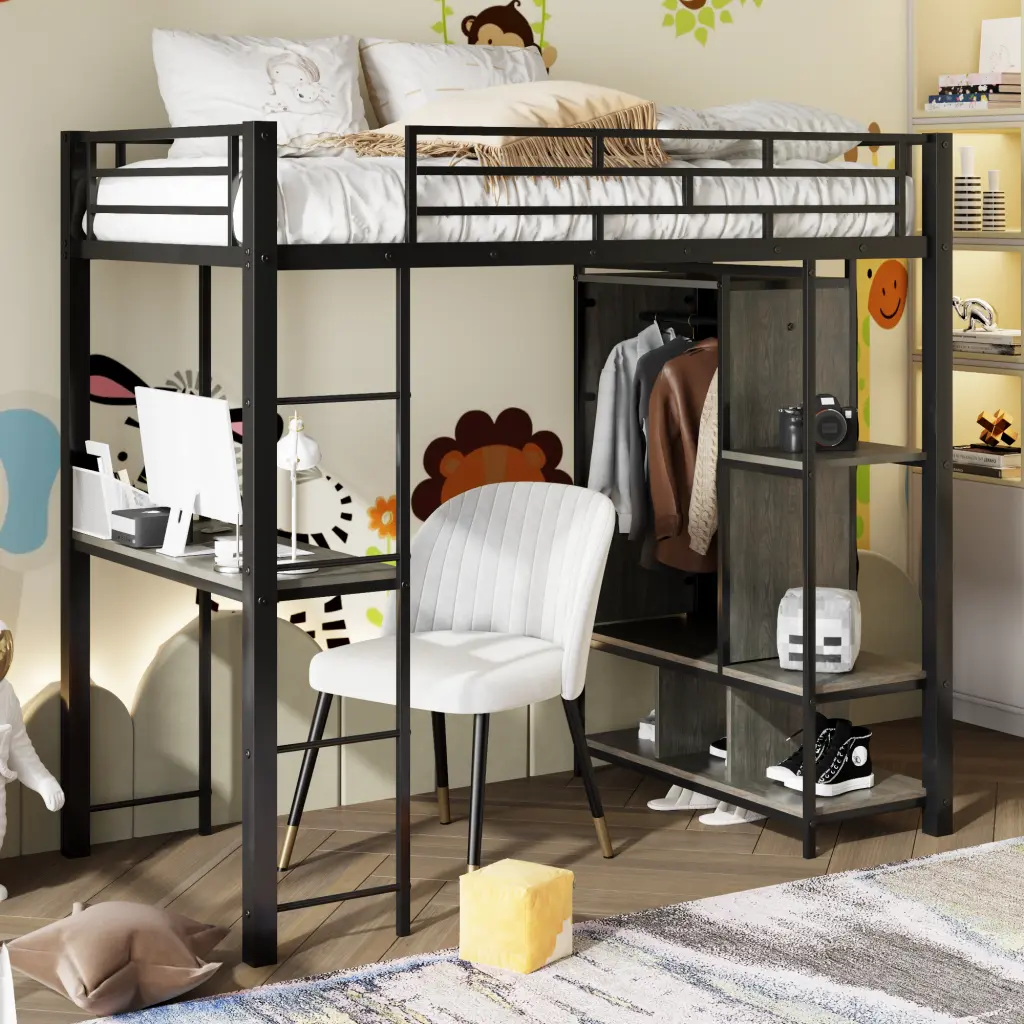Twin Dimensions Metallic Loft Bed Built Wardrobe Desk And Shelves Black wm dreamland
