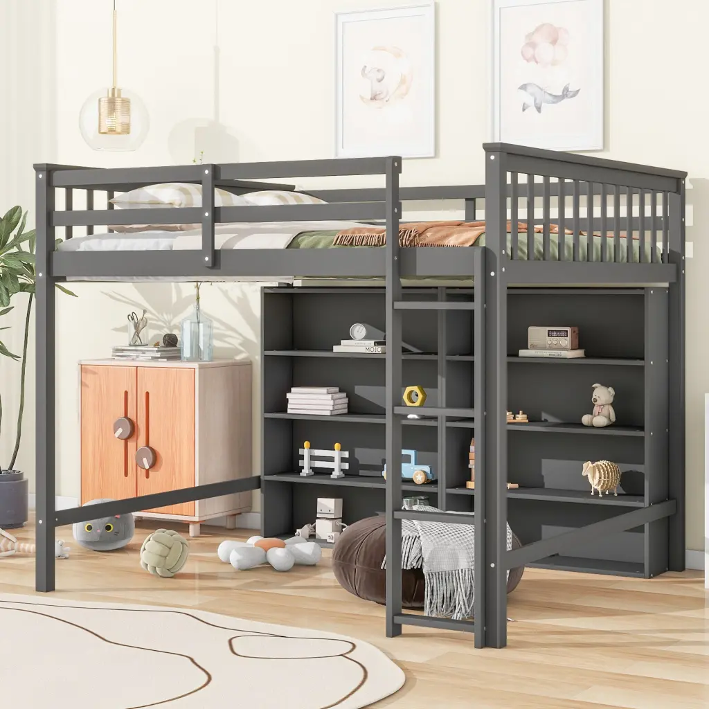 Full Size Loft Bed 8 Open Storage Shelves and Constructed Ladder Gray wm store