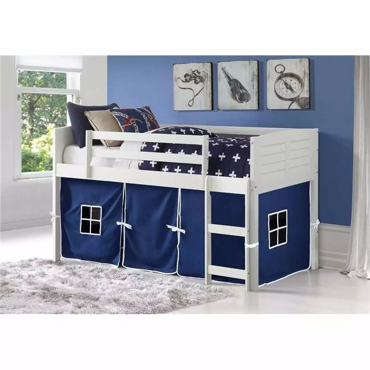 PD-795AW-B Twin Louver Low Tent Loft Tent - White Blue Convenience Concepts
