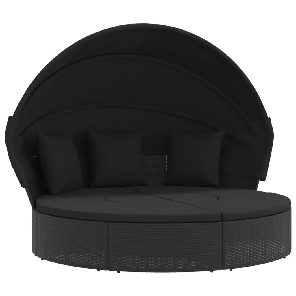 Patio Lounge Bed Canopy and Cushions Black Poly Rattan Relaxing Outdoor Furniture