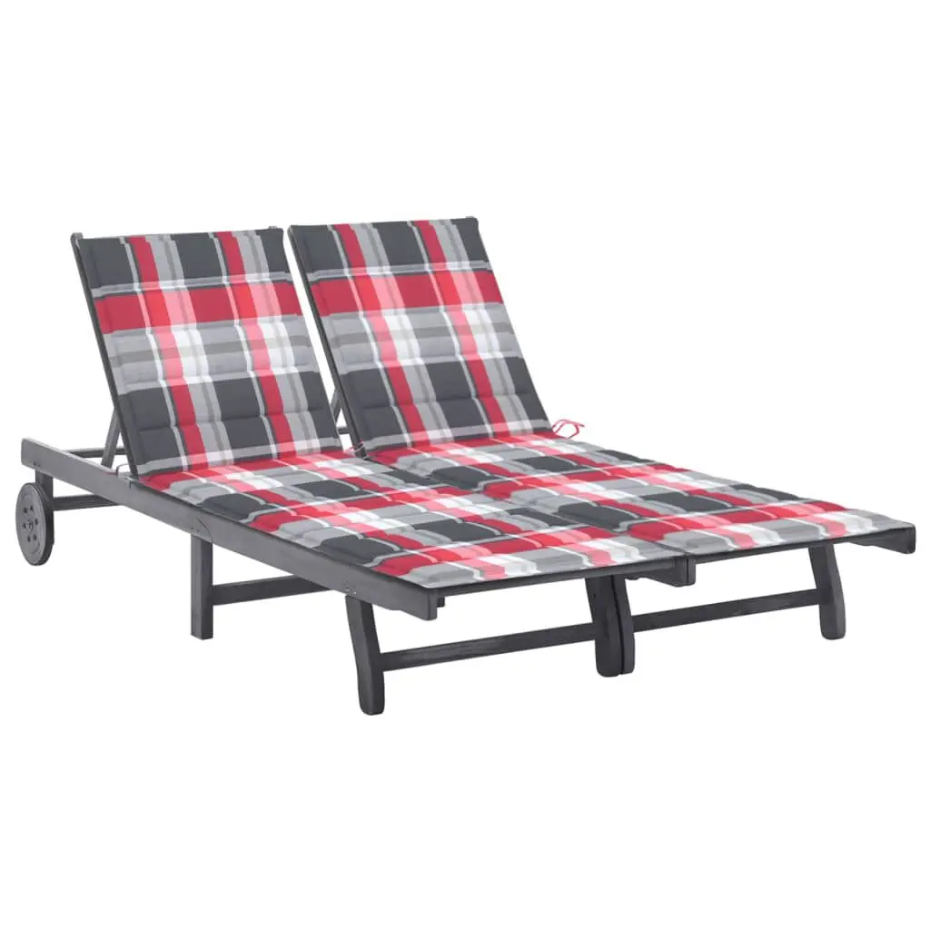 2-Person Patio Sun Lounger Cushion Gray Solid Acacia Wood Recliner