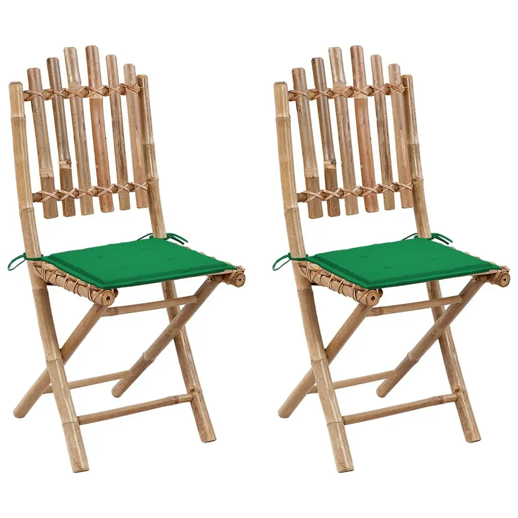 2-Piece Folding Patio Chairs Cushions Bamboo Outdoor Lounge Chairs