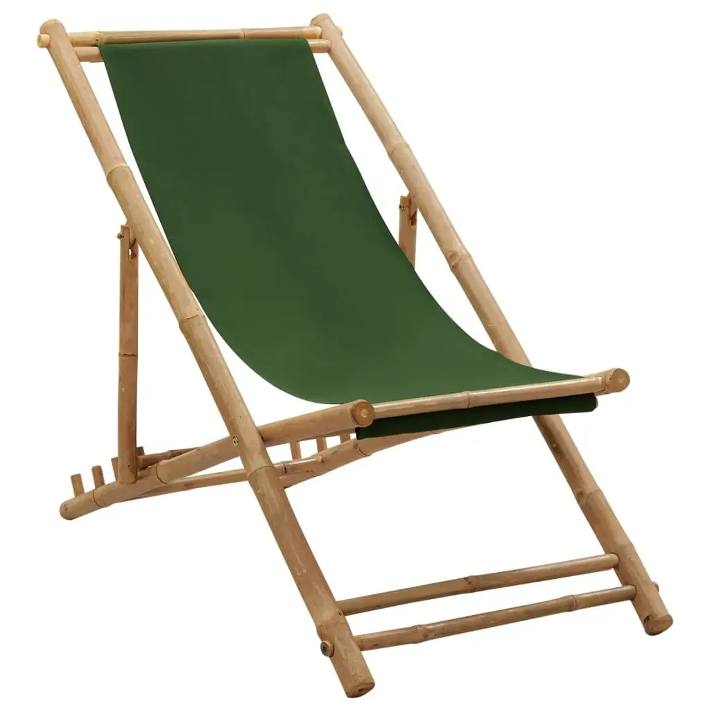 Deck Chair Bamboo and Canvas Green Outdoor Lounge Chair
