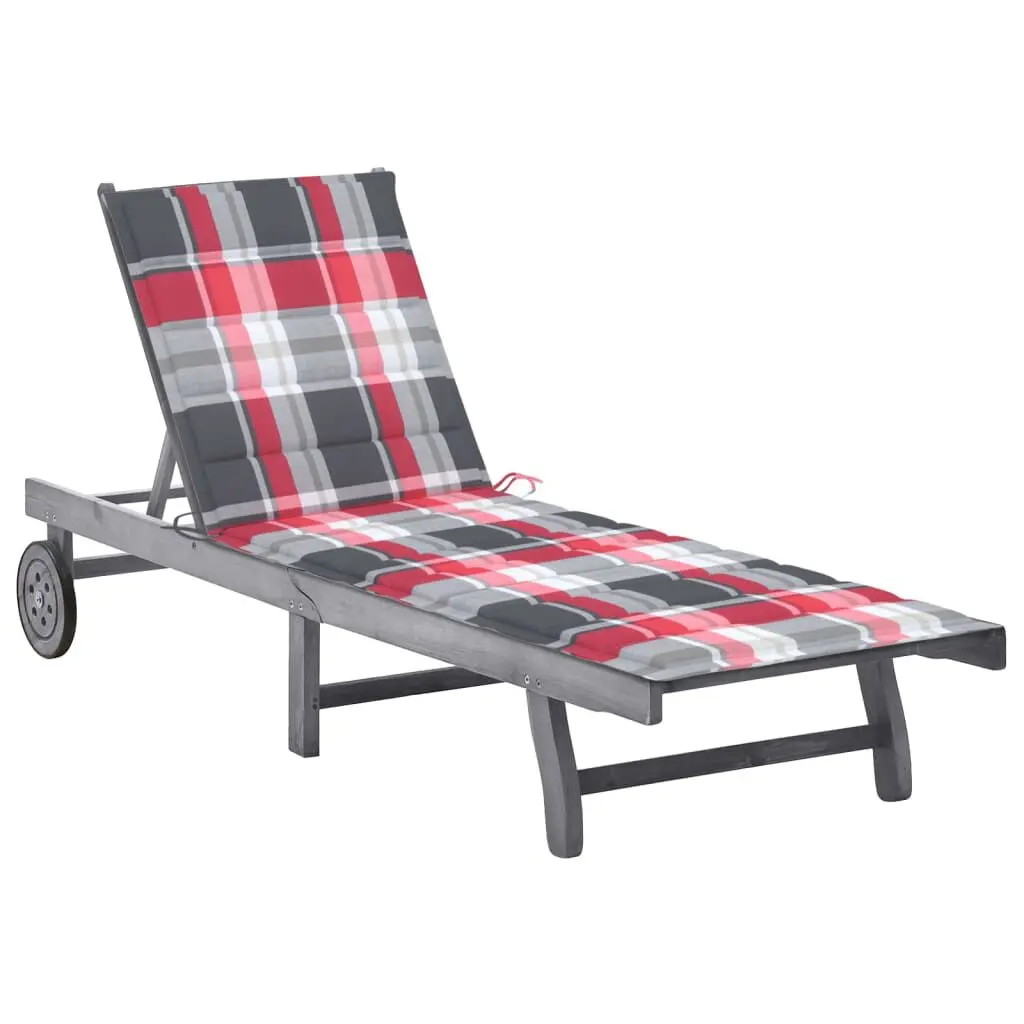 Patio Sun Lounger Cushion Gray Solid Acacia Wood Outdoor Recliner