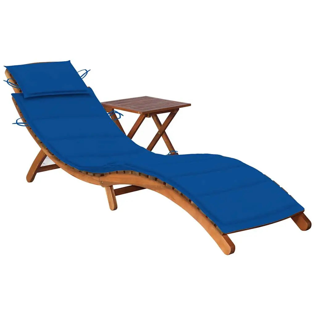 Patio Sun Lounger Table and Cushion Solid Acacia Wood Outdoor Lounge Chair