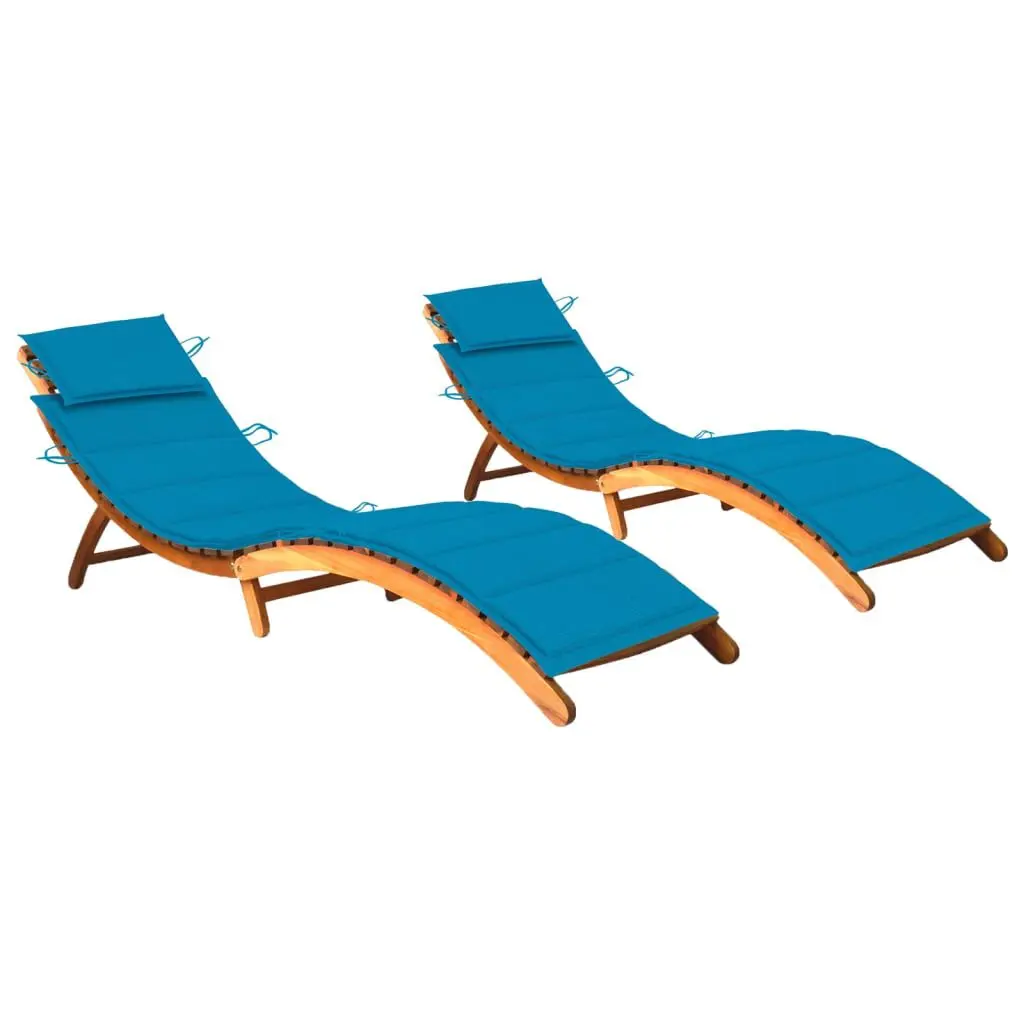 Sun Loungers 2 pcs Cushions Solid Acacia Wood Outdoor Lounge Chairs