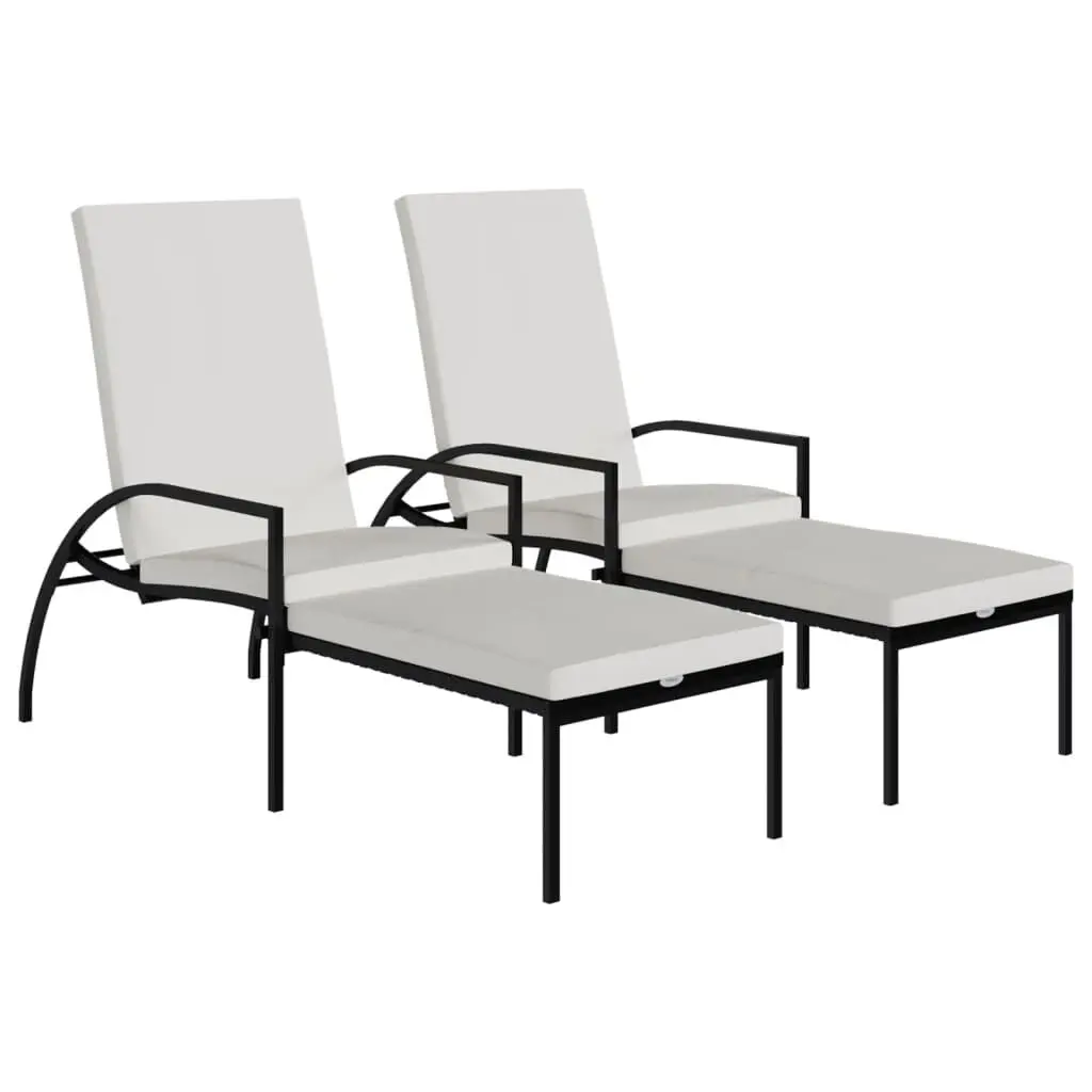 Sun Loungers 2 pcs Footrest PE Rattan Black Outdoor Lounge Chairs