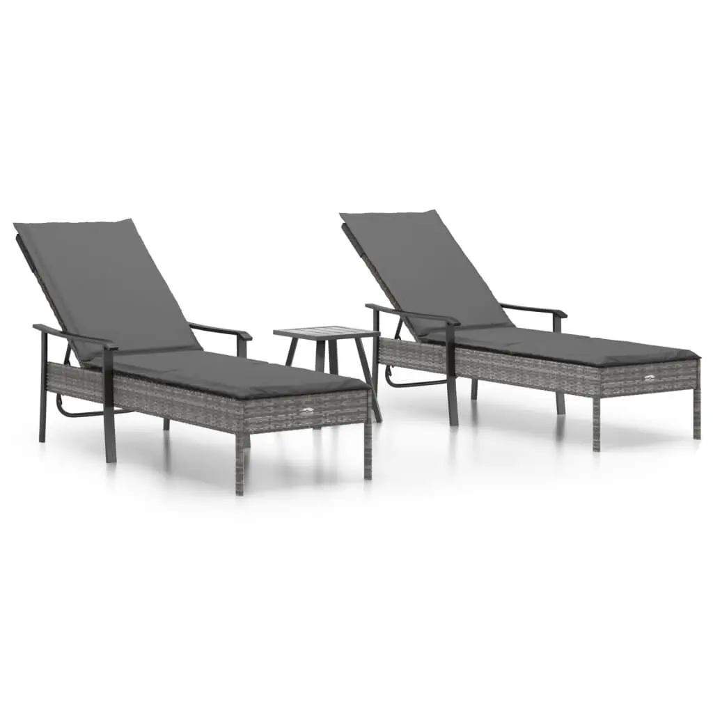 Gray Poly Rattan Sun Loungers Set 2 Table and Cushions