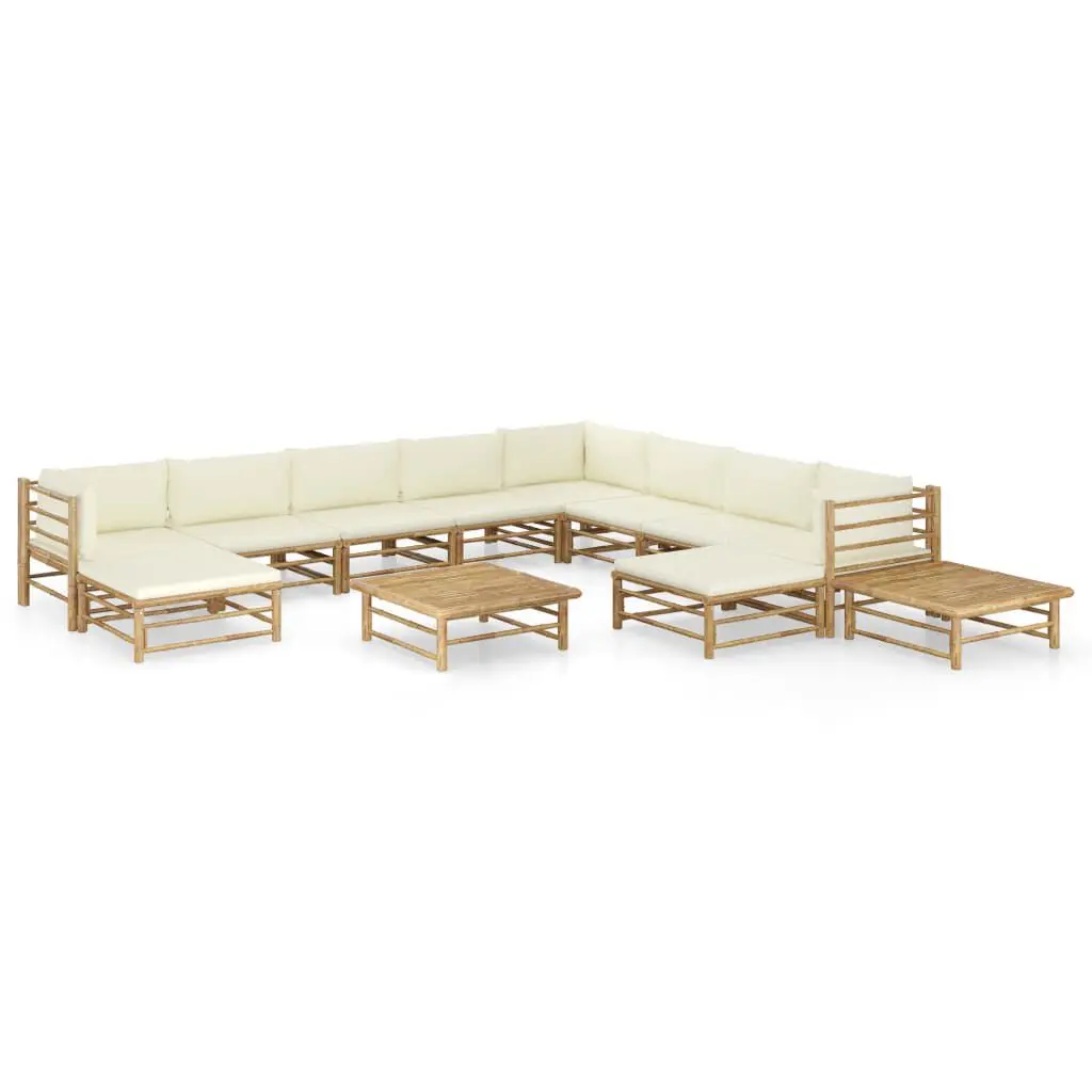 12 Piece Bamboo Patio Lounge Set Cream White Cushions Outdoor Furniture