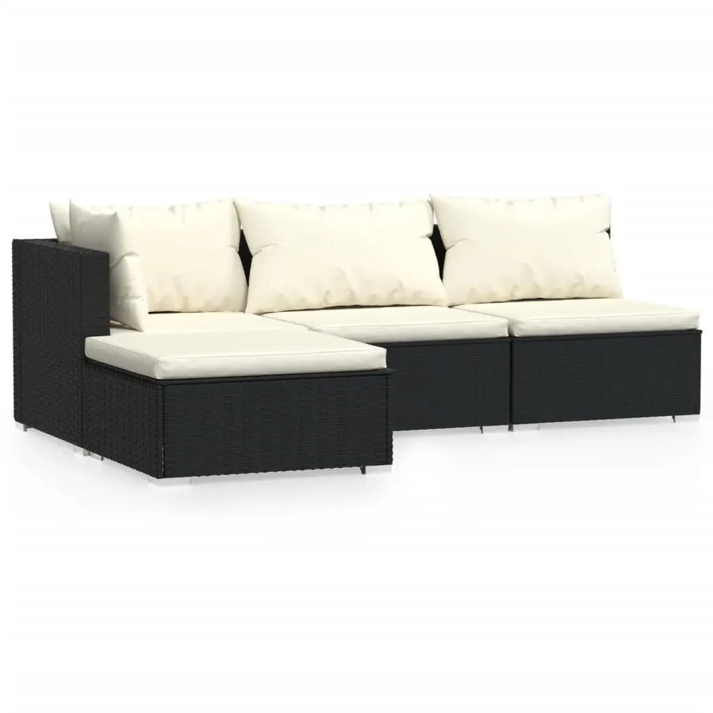 4 Piece Black Poly Rattan Patio Lounge Set Cushions Outdoor Comfort