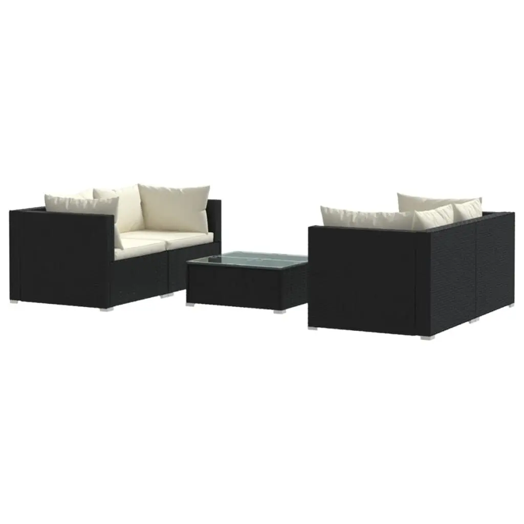 5 Piece Black Poly Rattan Patio Lounge Set Cushions Outdoor Relaxation
