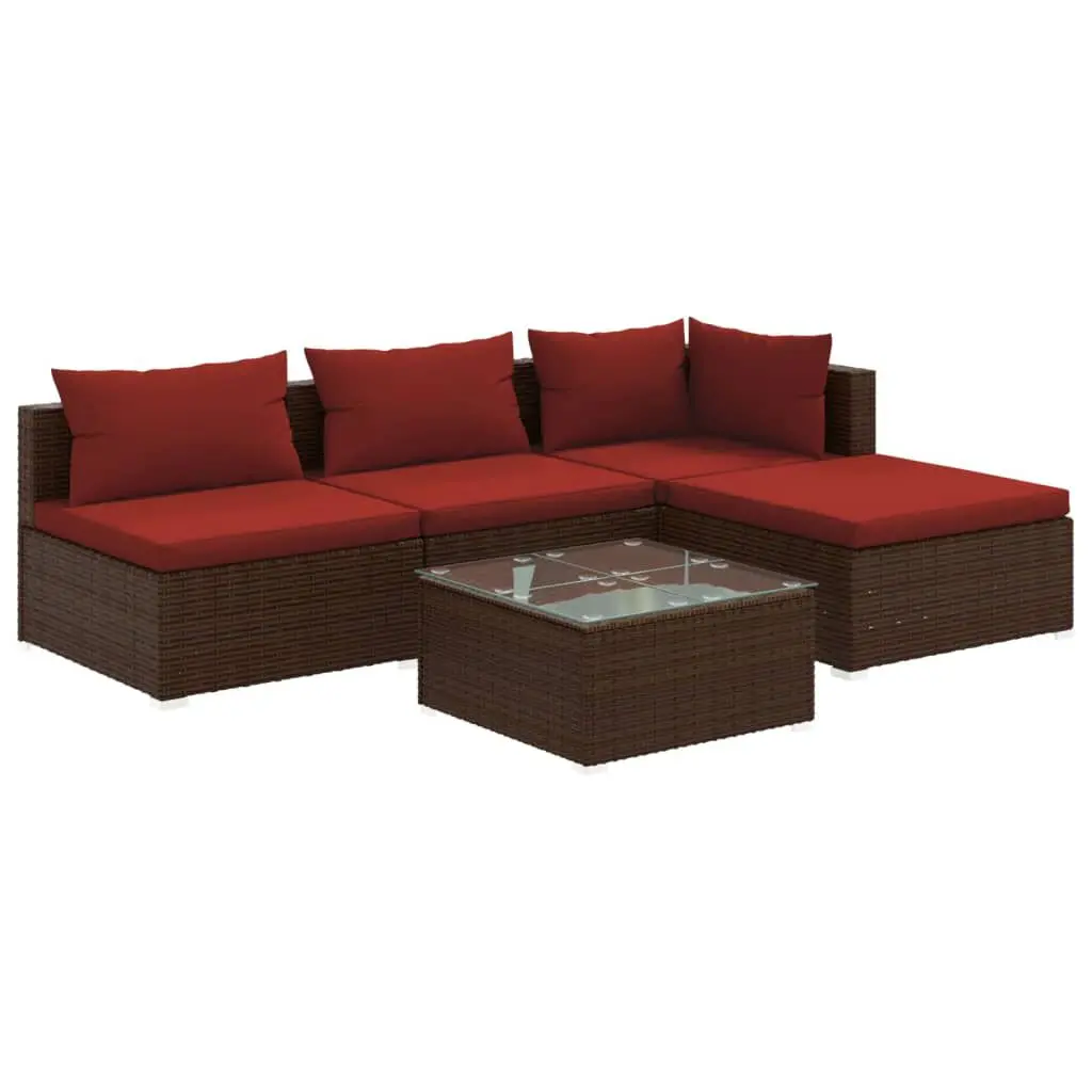 5 Piece Brown Poly Rattan Patio Lounge Set Cushions Compact Outdoor Furniture
