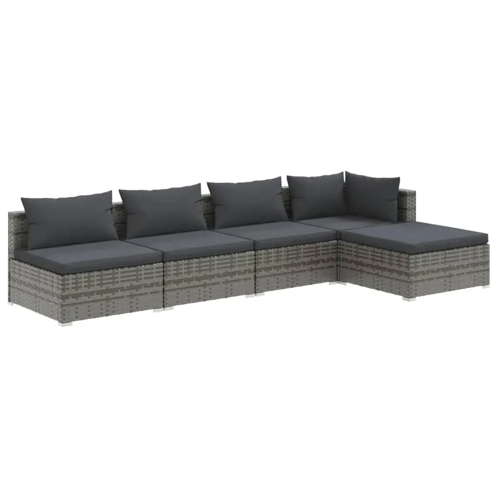 5 Piece Gray Poly Rattan Garden Lounge Set Comfortable Cushions