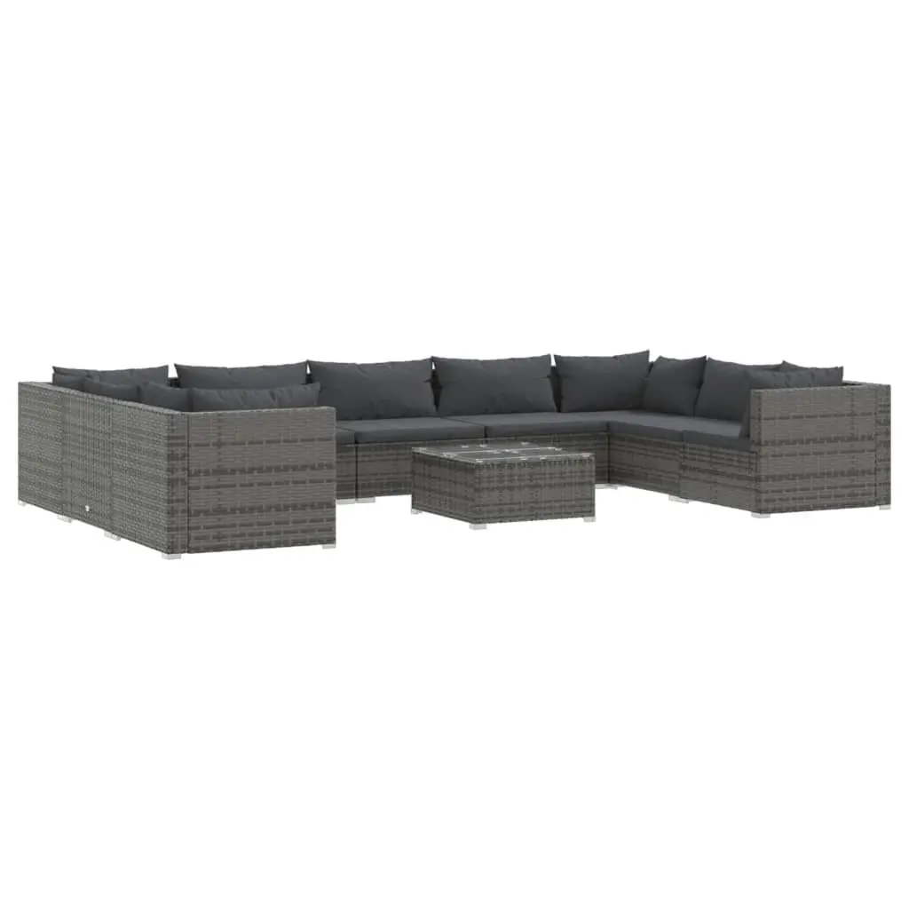 10 Piece Gray Poly Rattan Patio Lounge Set Cushions Outdoor Furniture