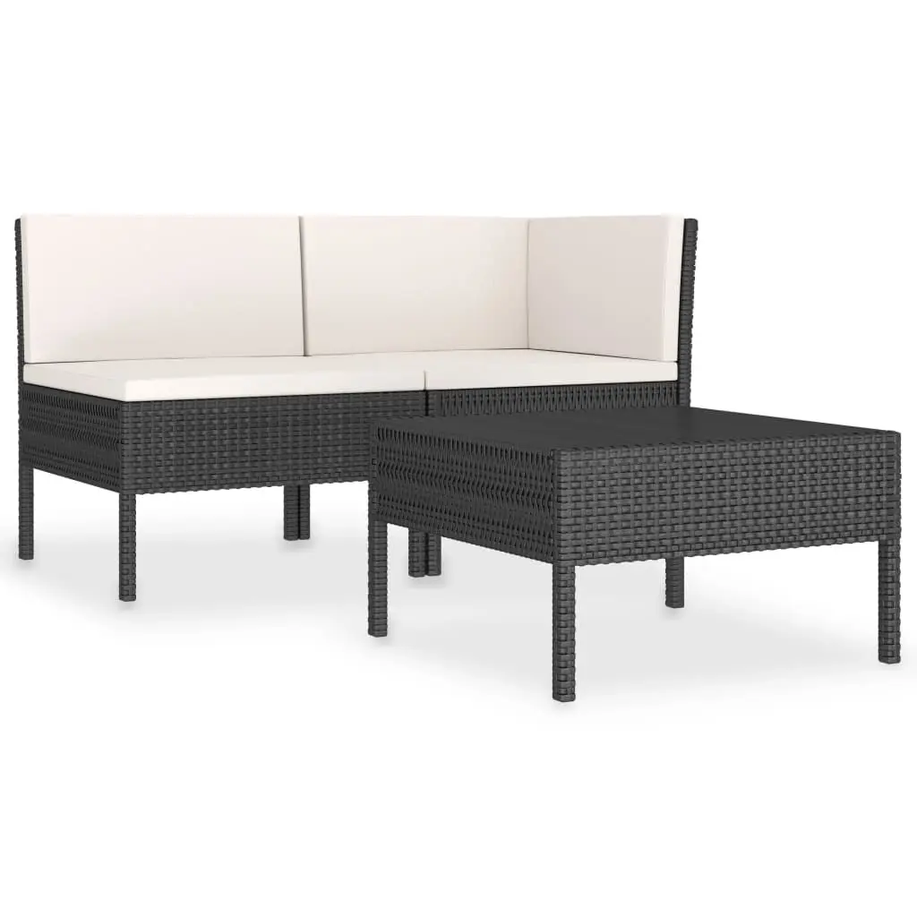 3 Piece Patio Lounge Set Black Cushions Poly Rattan Outdoor Furniture