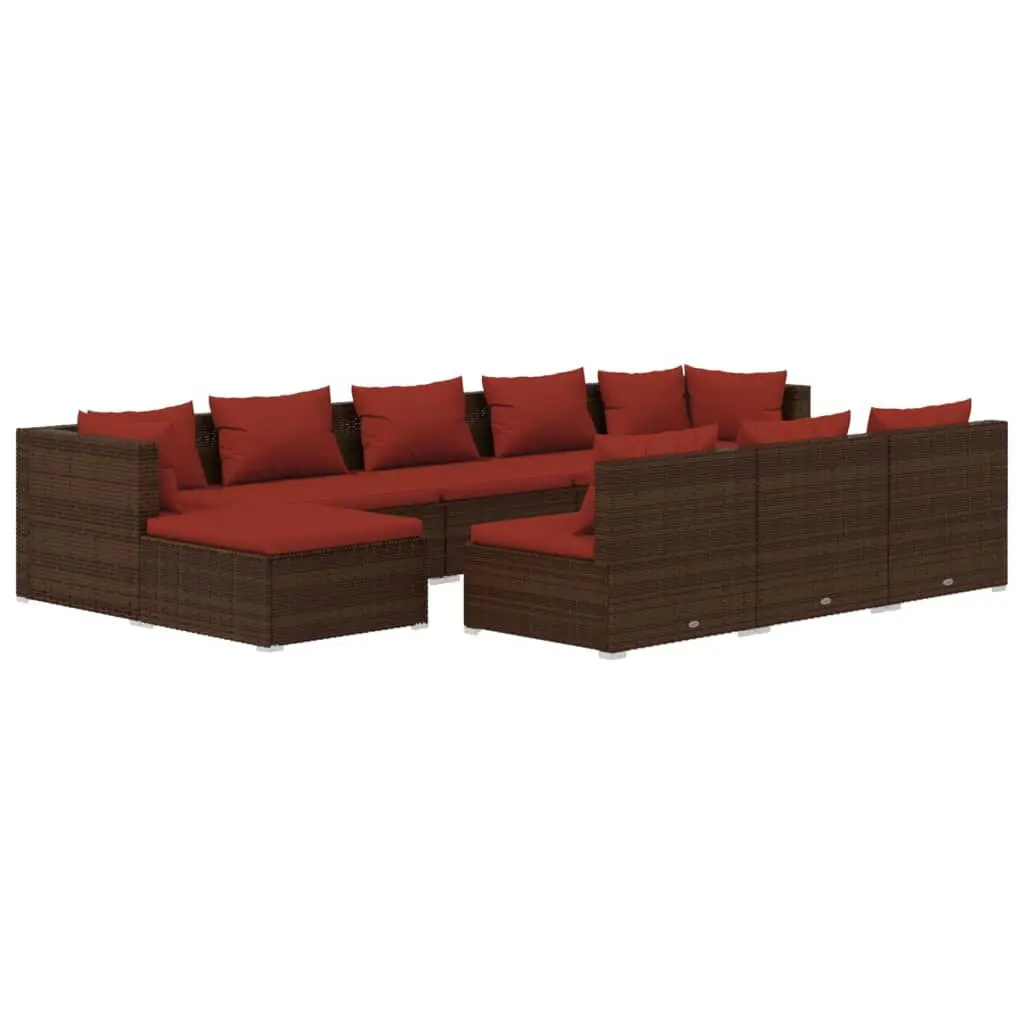 10 Piece Patio Lounge Set Brown Cushions Poly Rattan Outdoor Furniture