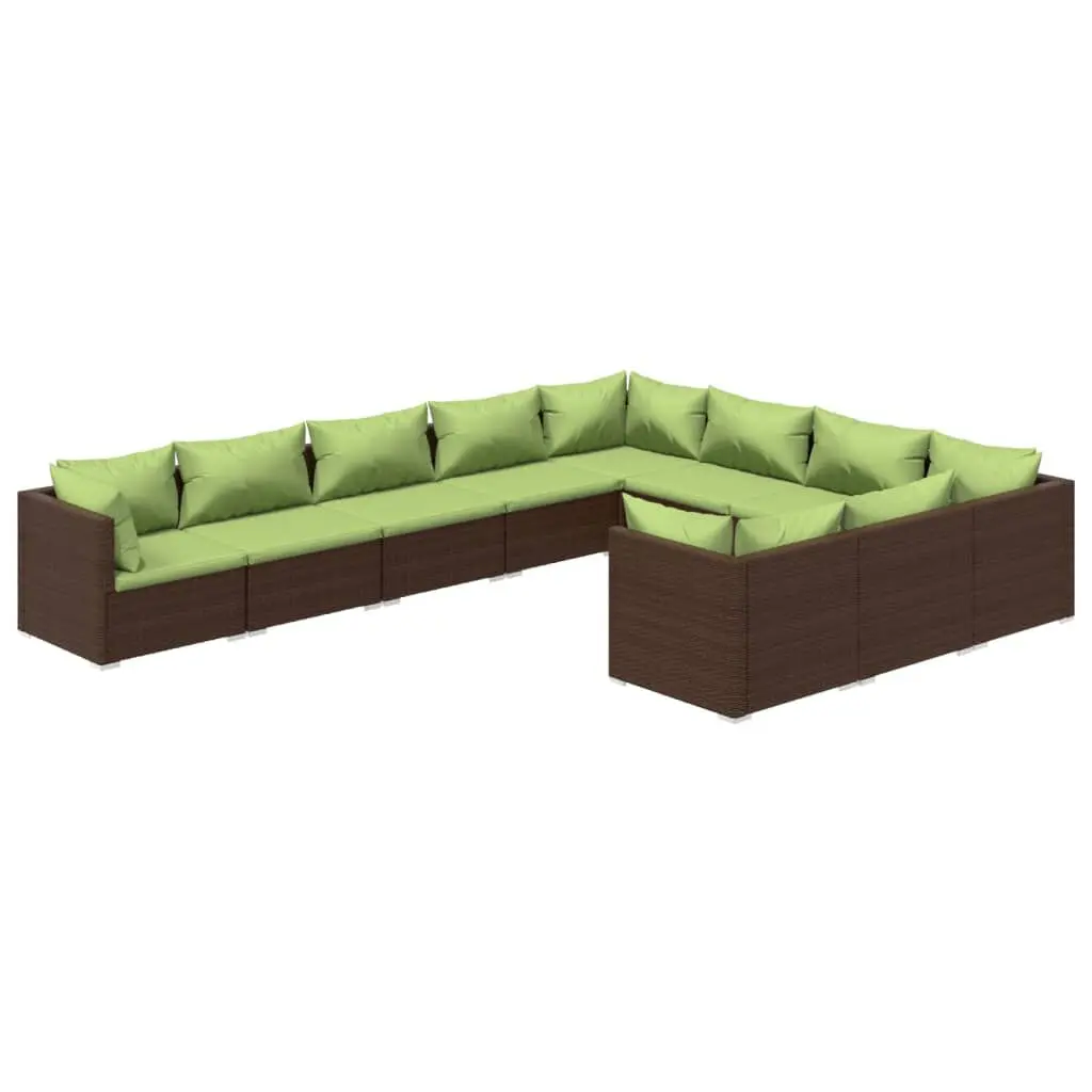 10 Piece Patio Lounge Set Brown Cushions Poly Rattan Outdoor Furniture