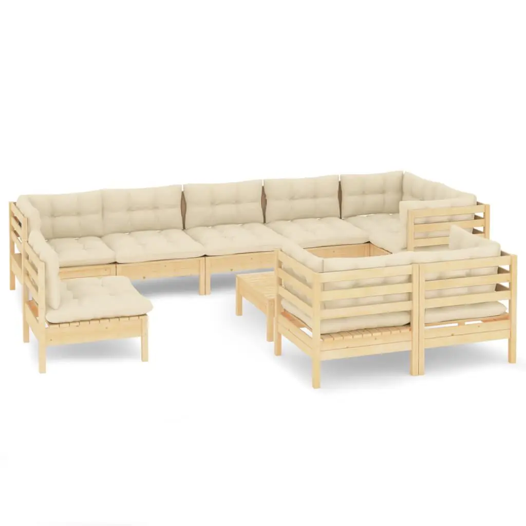 10 Piece Patio Lounge Set Cream Cushions Solid Pinewood Outdoor Furniture