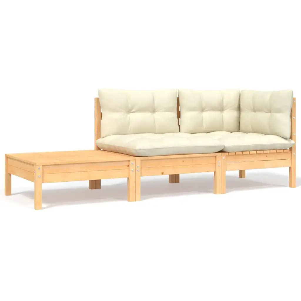 3 Piece Patio Lounge Set Cream Cushions Solid Pinewood Outdoor Furniture